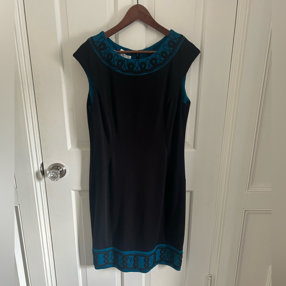 Maggy London Black Dress with Teal Embroidered Trim
